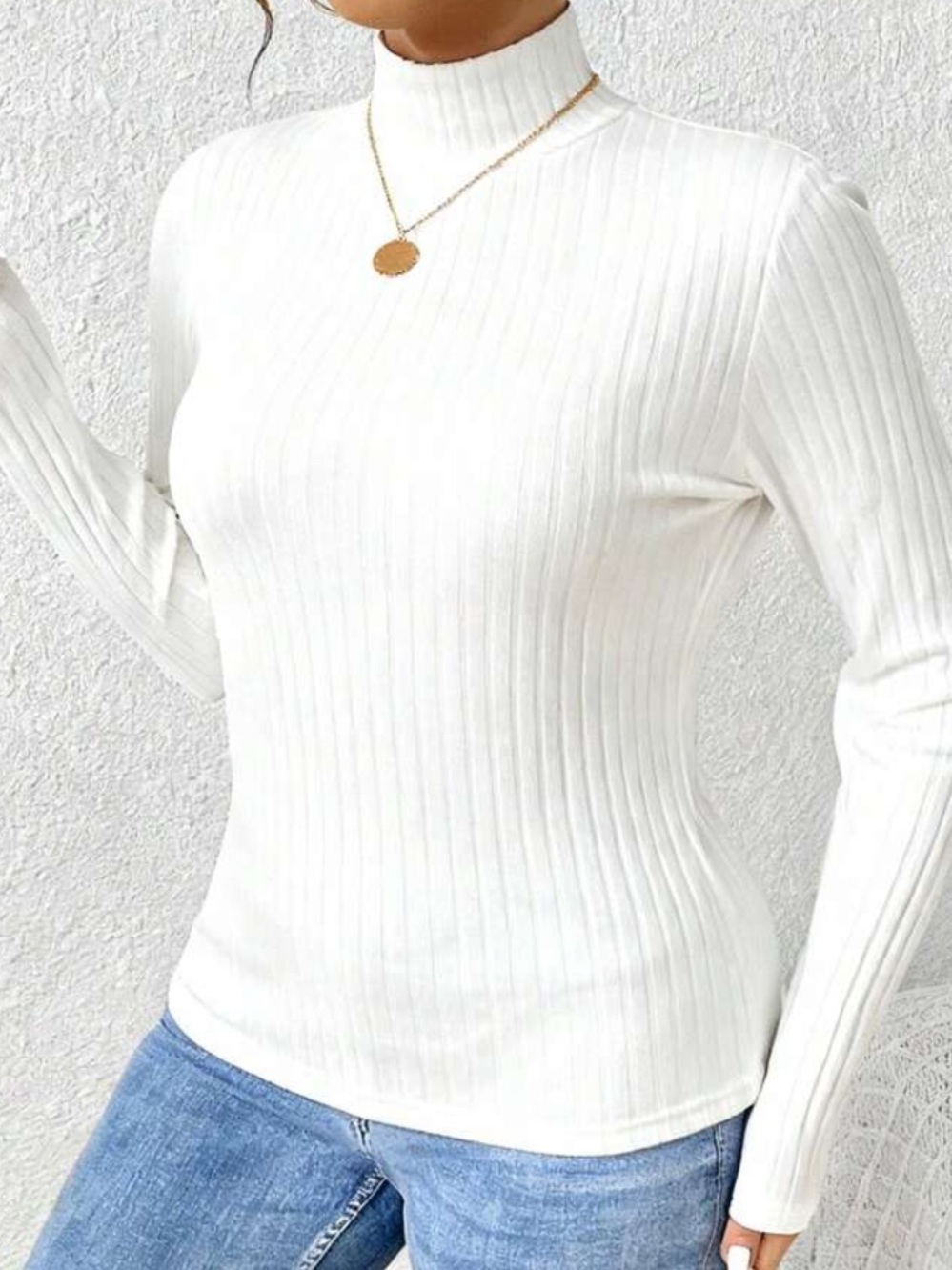 SHEIN Cream Ribbed Long Sleeve Slim Fit Top